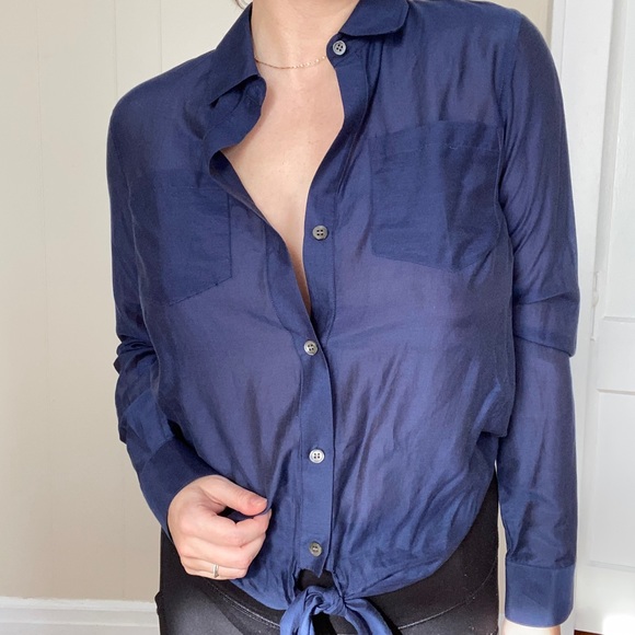 THEORY Navy Button Down Tie Front size Small - Picture 11 of 16